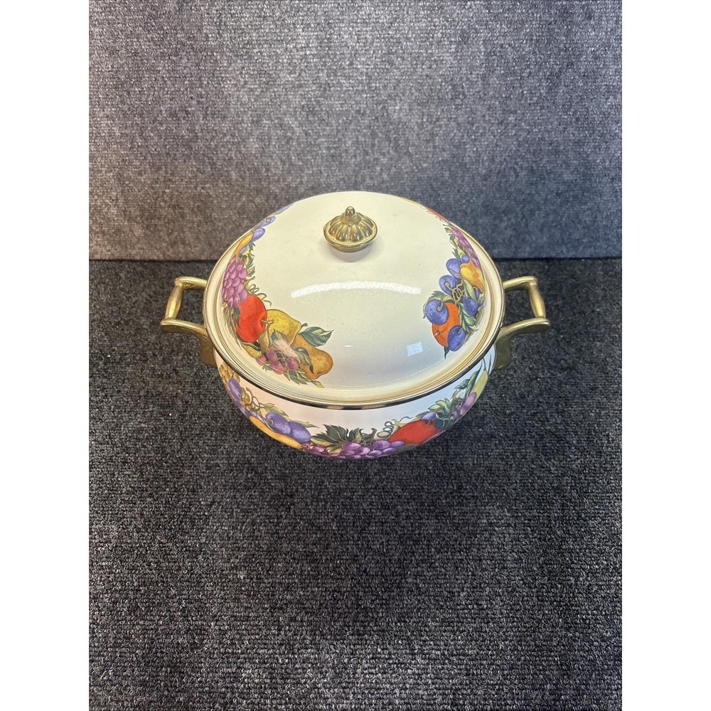 Vtg~Cornucopia Dutch Oven~Enamel Fruit Covered Lid Pot Brass Casserole 2 Qt